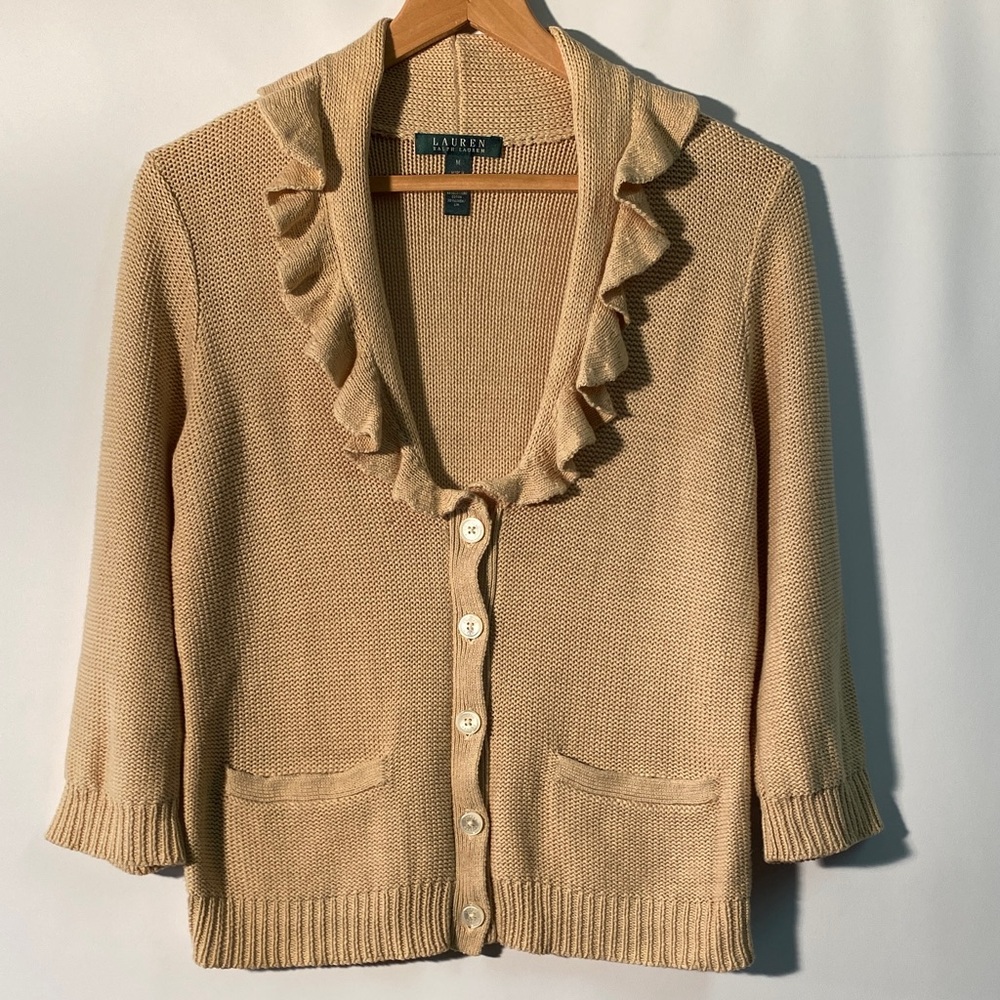 Ralph Lauren Tan Ruffle Trim Cardigan
